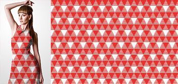 11003v Materiał ze wzorem czerwone i białe trójkąty przecięte liniami ułożone na siatce